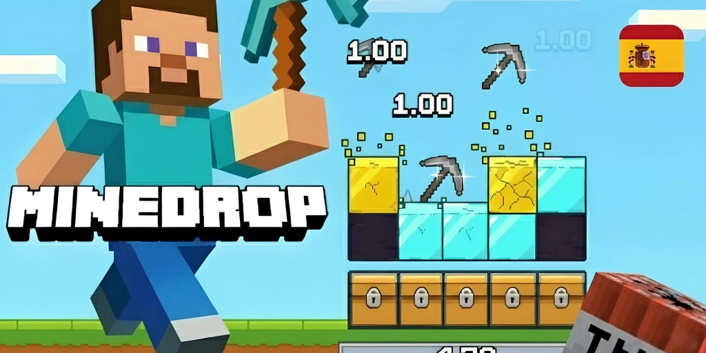 Mine Drop - Steve con pico, logo del juego y gameplay con bandera de España